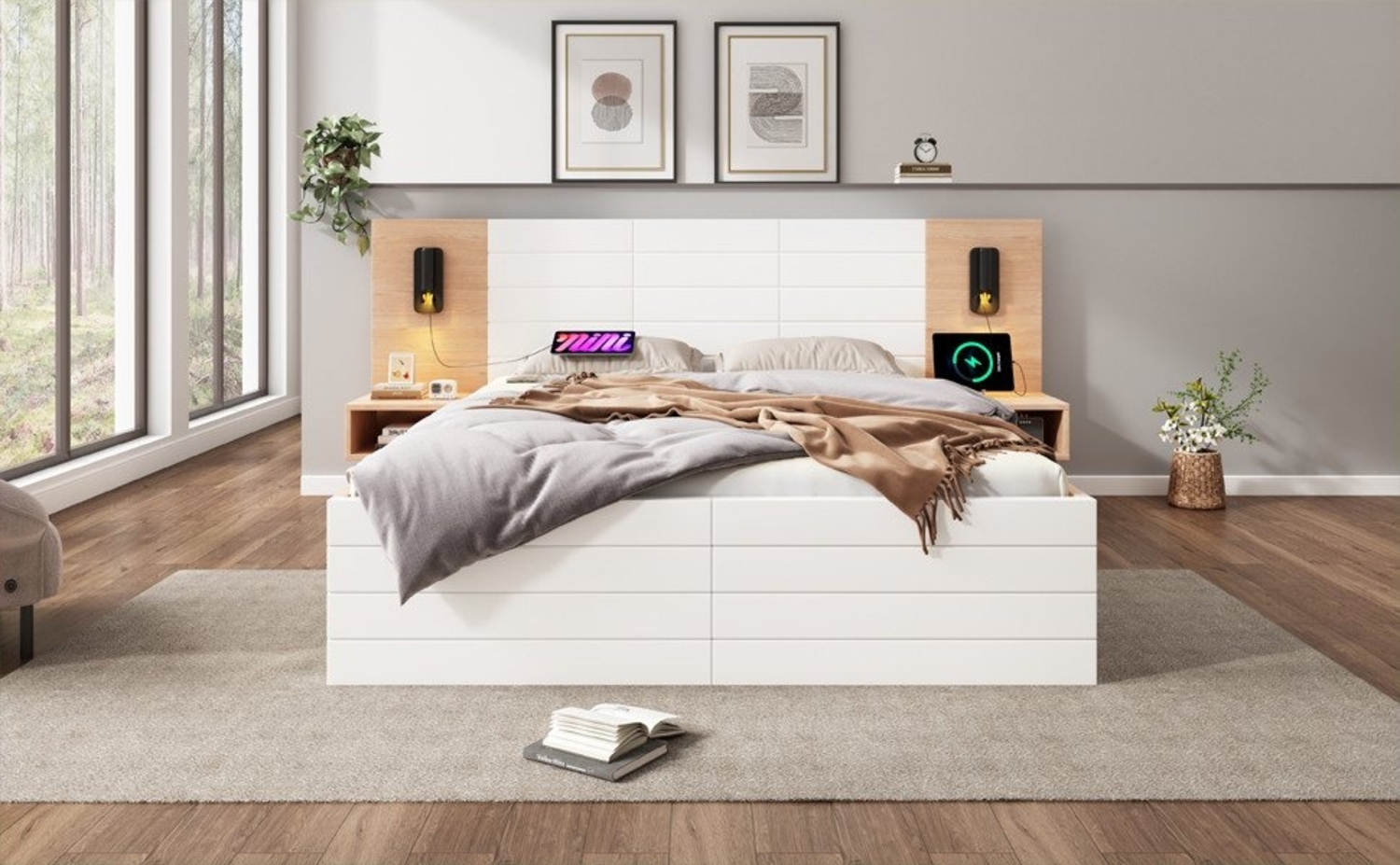 Rutaqian Holzbett Modernes Bett inkl. Bettgestell, Funktionsbett, Stauraumbett, Doppelbett (1-tlg), Modernes Polsterbett 180×200 cm Bild 1