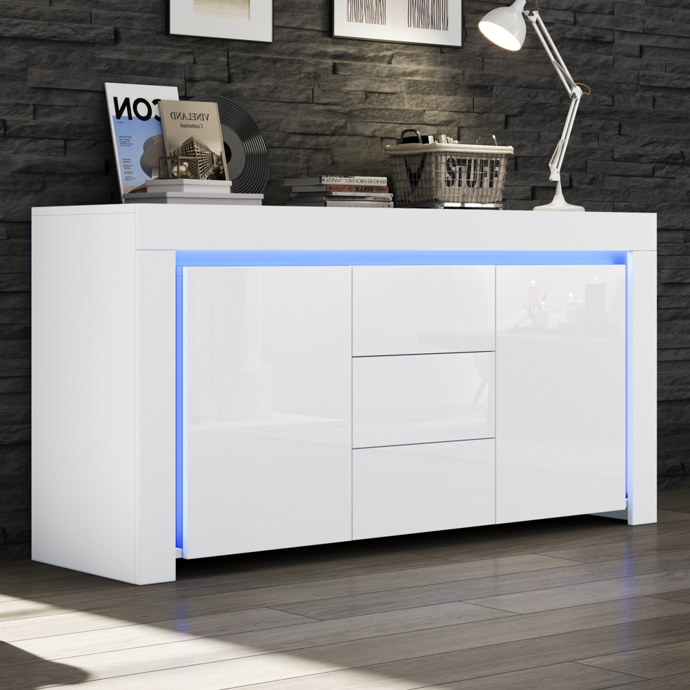 LED-Sideboard Weiß Hochglanz 140x40x65 cm mit App-Steuerung, 2 Türen & 3 Schubladen, Verstellbare Einlegeböden Bild 1