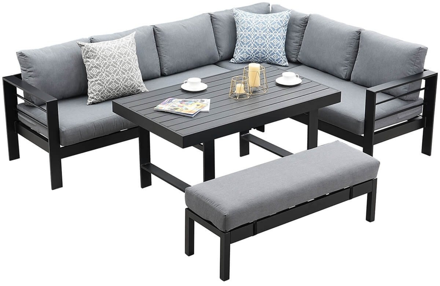 MeXo Gartenlounge-Set Aluminium Gartenmöbel Set, (Garten-Essgruppe, 5-tlg, 3 x Ecksofas, 1 x Gartenbank, 1 x Esstisch 130 x 80 x 67,5 cm), wetterfeste Ecklounge, Terrassenmöbel Set für 8 Personen Bild 1