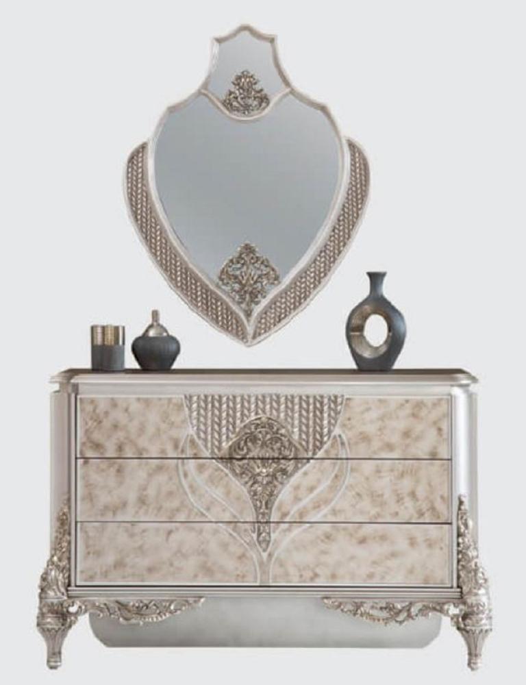Casa Padrino Luxus Barock Kommode mit Wandspiegel Silber - Handgefertigter Massivholz Schrank mit elegantem Spiegel - Prunkvolle Möbel im Barockstil Bild 1