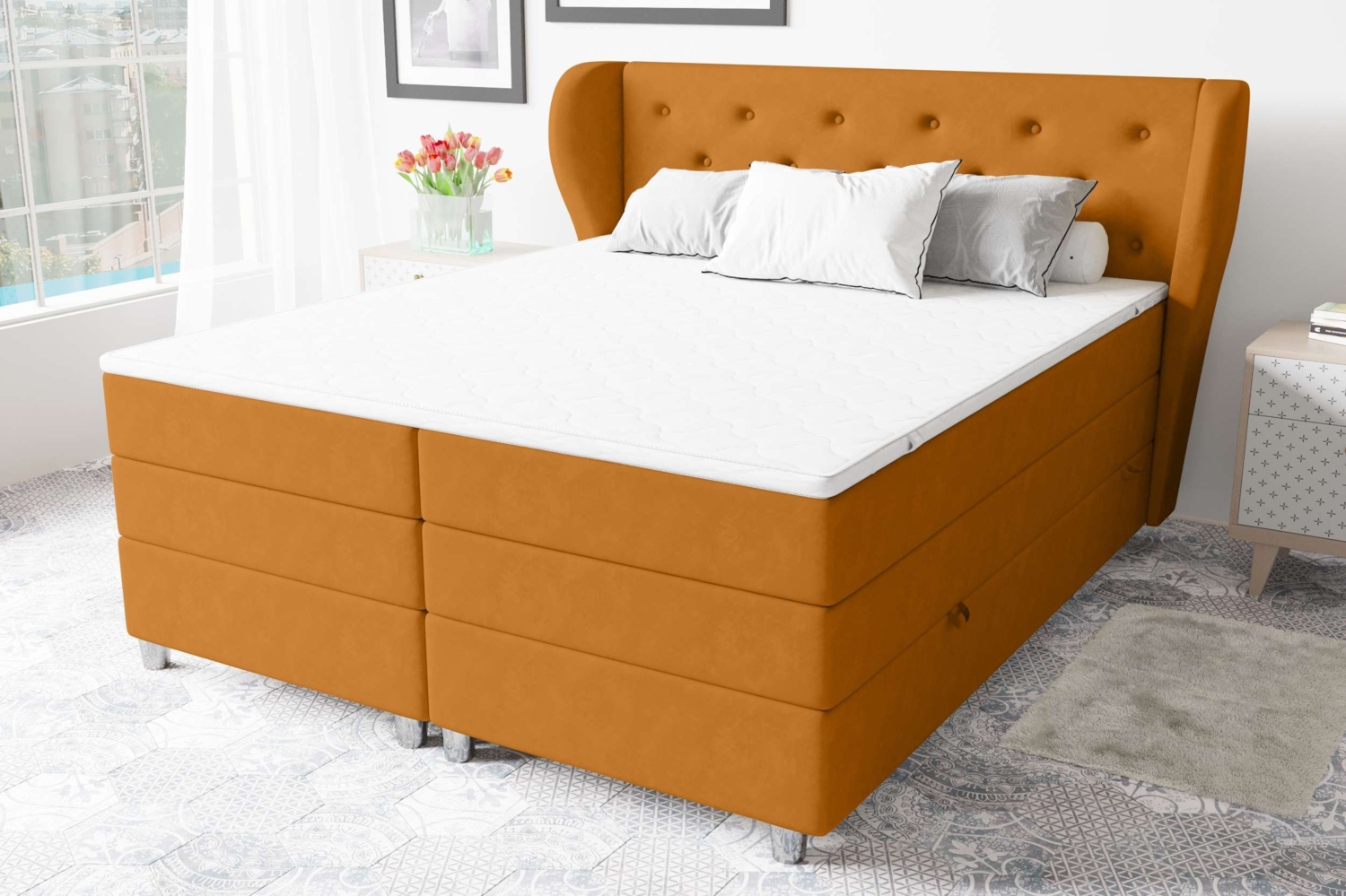 99rooms Helios Boxspringbett 180x200 cm Velours SORO Orange Taschen-Federung Bild 1