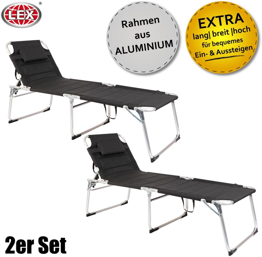 2er-Set XXL 2 m Aluminium Gartenliege Sonnenliege gepolstert Kopfkissen klappbar Schwarz Bild 1