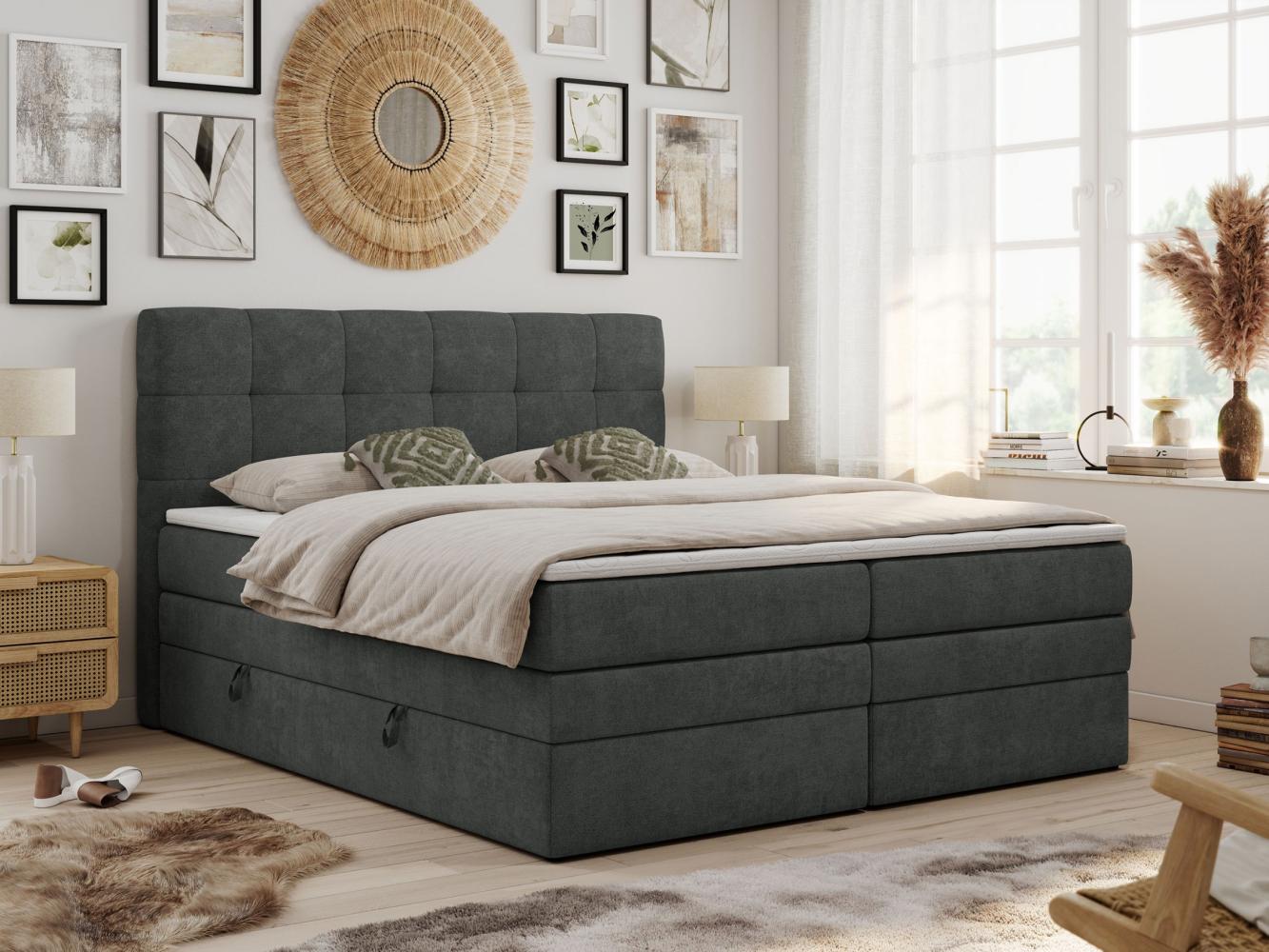 Boxspringbett mit Kopfteil und Topper, Polsterbett - LUKA-KING - 120x200cm - Dunkelgrau Stoff - H4 Bild 1