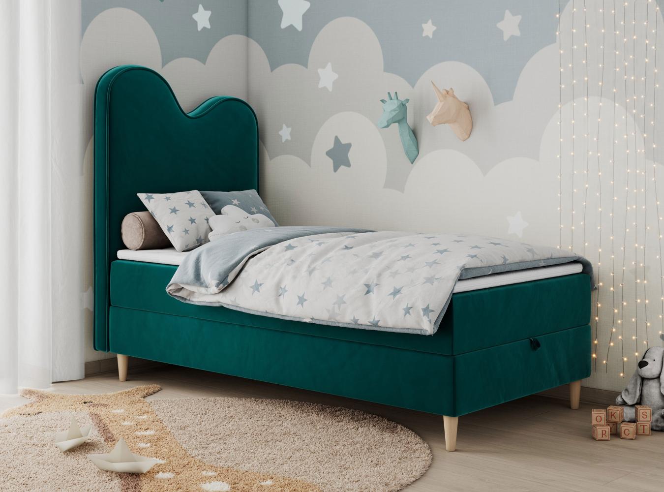 Kinderbett FLOW, Boxspringbett für Kinder, mit hohem Kopfteil, Einzelbett mit Matratze - 90x180 - Dunkelgrün Velours - Topper Visco Bild 1