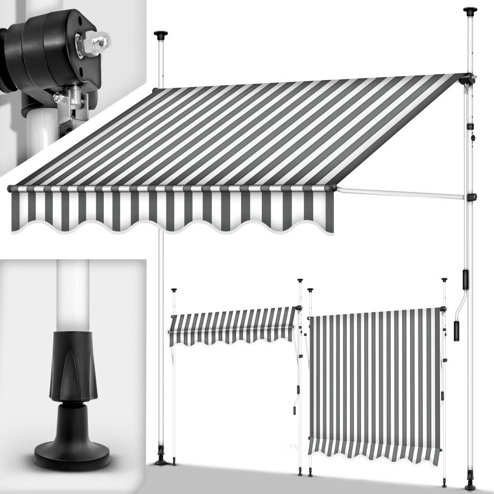 tillvex Balkonmarkise 300 cm Grau/Weiß Gelenkarm Markise Klemmmarkise Sonnenmarkise Balkon ohne Bohren Bild 1