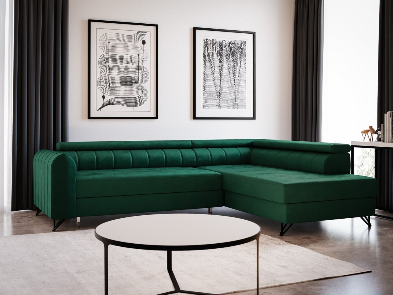 Ecksofa Alice mit Schlaffunktion und Bettkasten, Wohnlandschaft mit einstellbare Kopfstützen, Couch, Sofa, Bettsofa, Schlafsofa (Grün (Kronos 19), Ecksofa Rechts) Bild 1