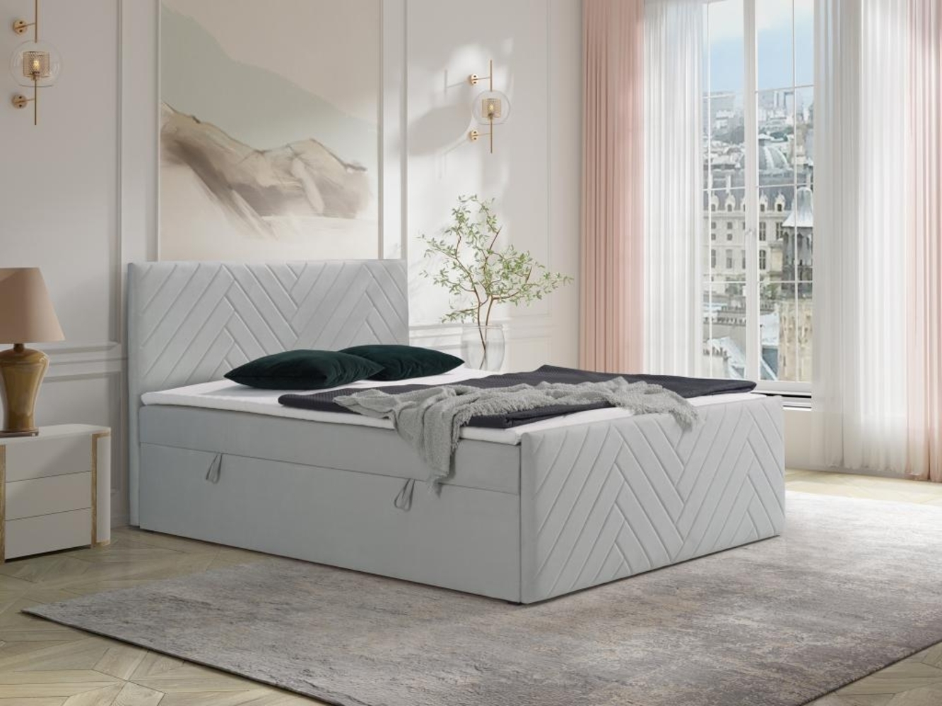 Vente-unique - Deko-Komplett-Set mit Bett-Kopfteil + Bettgestell mit Bettkasten + Matratze + Topper - 180 x 200 cm - Samt - Hellgrau - MAKANA von YSMÉE Bild 1