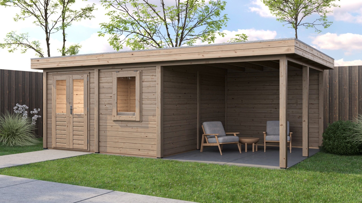 Lugarde Select Modern Gartenhaus mit Vordach Regensburg 388x388cm + 300cm - Unbehandelt Bild 1