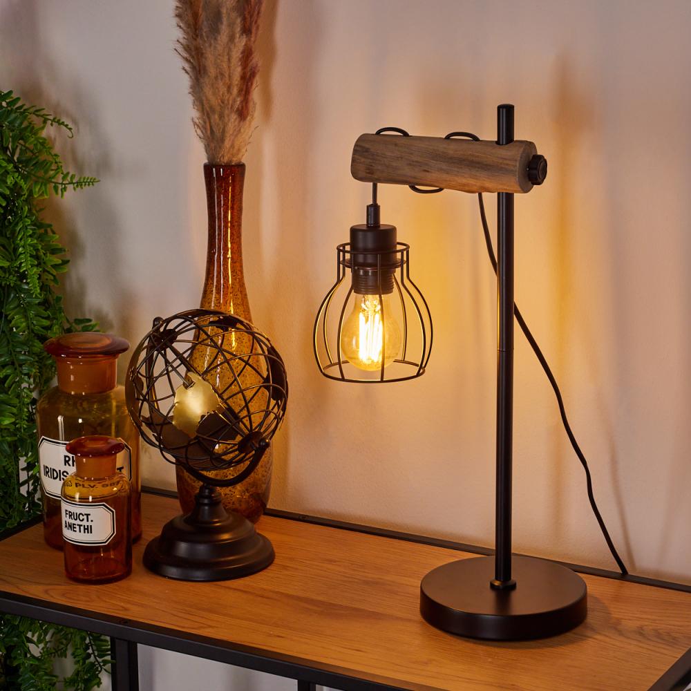 »Aprica«, aus Metall/Holz in Schwarz/Braun, Retro Tischlampe mit höhenverstellbarem Schirm, 1 x E27 max. 40 Watt, Lampe für Büro u. Schreibtisch mit Lichteffekt durch Schirm in Gitter-Optik Bild 1