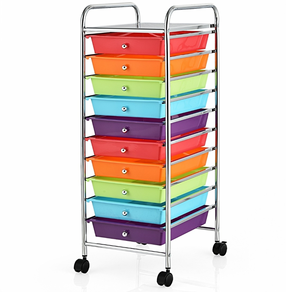 Rollwagen Bad Rollcontainer Beistellwagen mit 10 Schubladen 33 x 37 x 86 cm Rot + Lila Bild 1