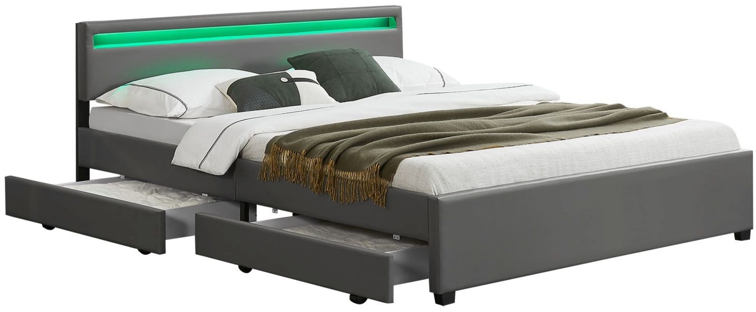 Juskys 'Lyon' Polsterbett mit Schubladen und LED-Beleuchtung, Kunstleder, Grau, 180x200 cm, false Bild 1