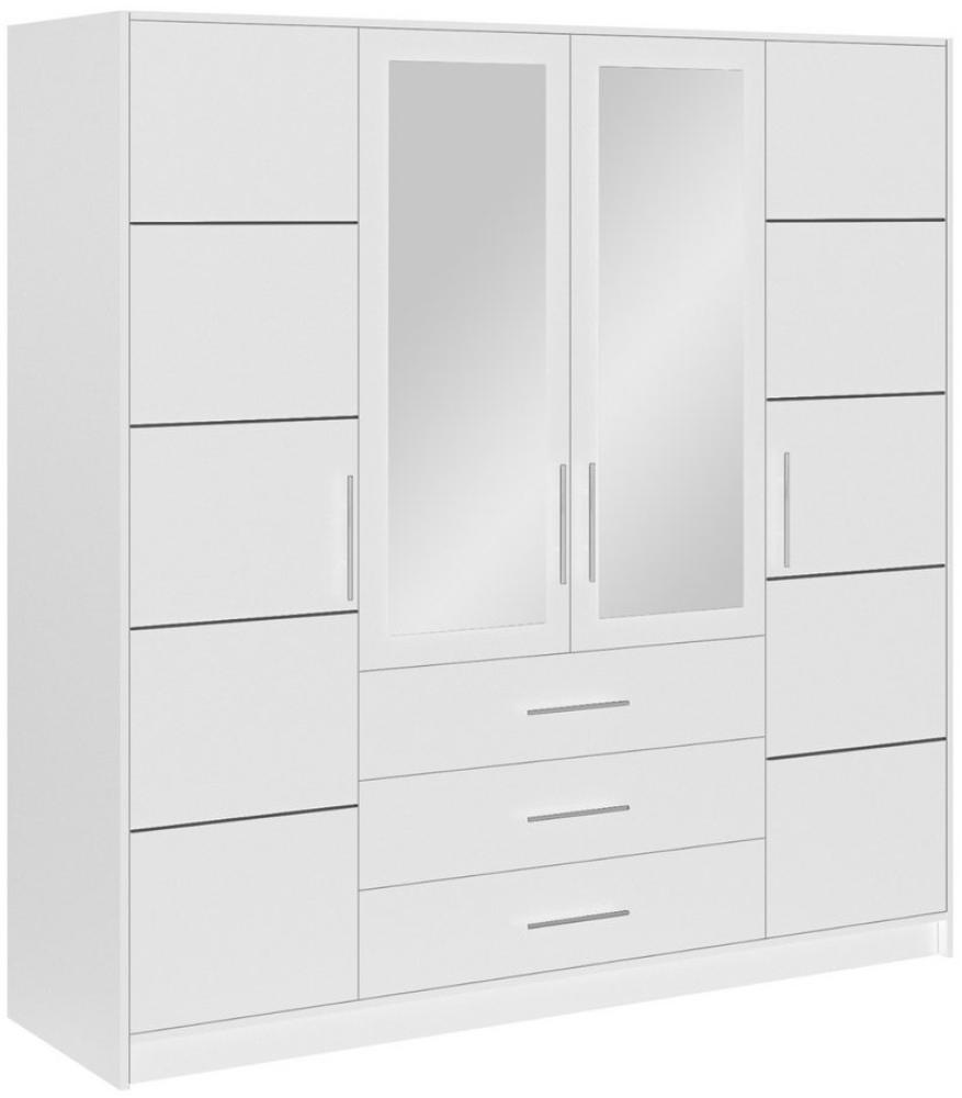 Deine Möbel 24 Kleiderschrank LABOO Drehtürenschrank 150 200 240 cm Weiss mit Spiegel (geräumig Stauraum, 4-St, 3-türig 4-türig Aufsatz Kleiderschrankaufsatz optional) aus Laminatplatte Spiegeltüren Einlegeböden Kleiderstange Bild 1