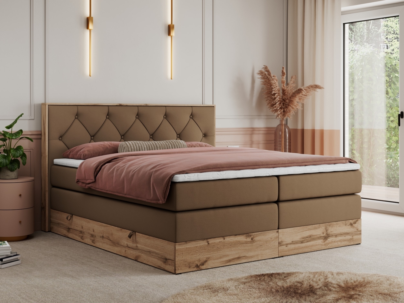 Boxspringbett VENETO KING, Doppelbett mit Multipocket-Matratze, Polsterbett mit Kopfstütze - 200 x 200 cm - Braun Kunstleder - H4 Bild 1