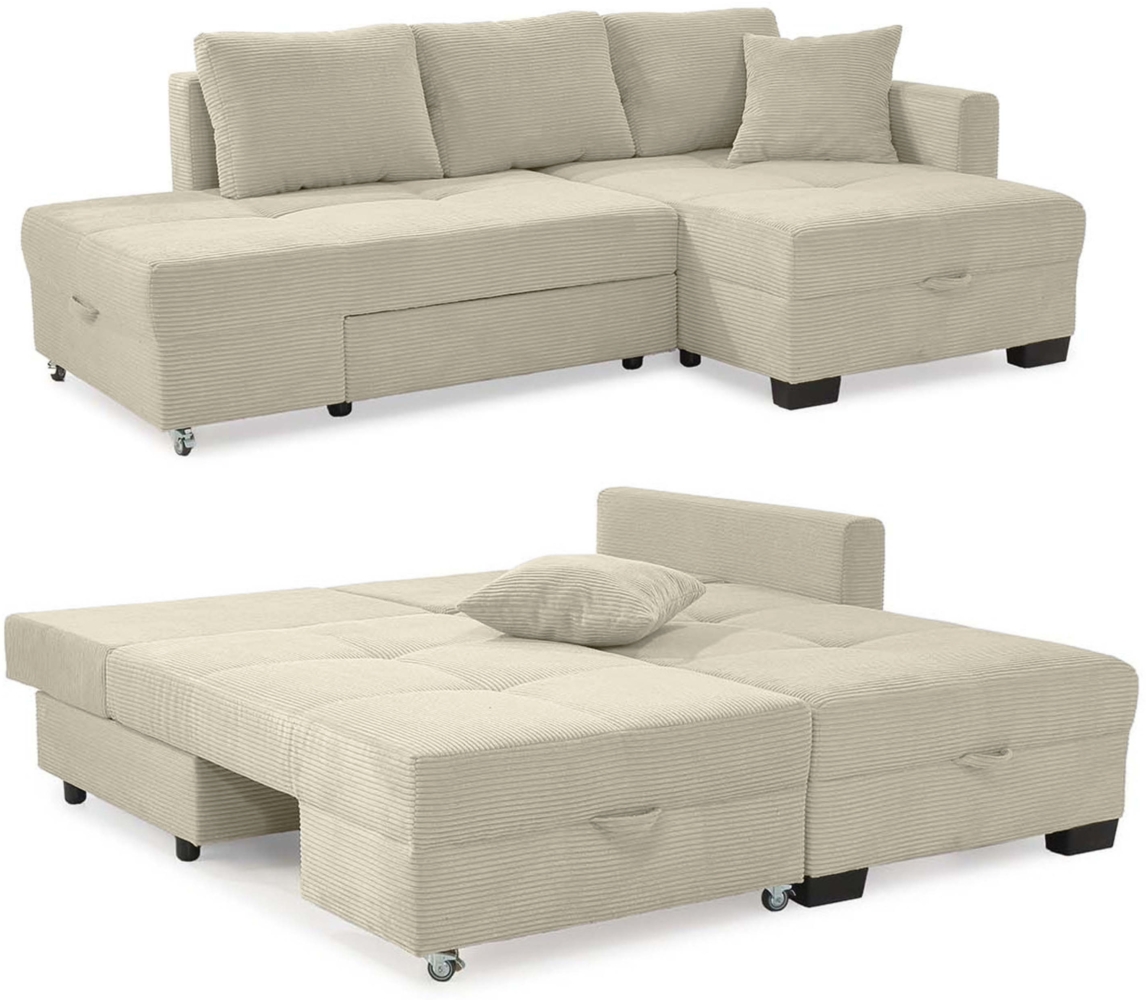 ECKSOFA Doppelbett mit Bettkasten, seitenverkehrt montierbar B247/T155/H87 cm, Liegefläche 183x207 cm, Cord Beige Grau Bild 1