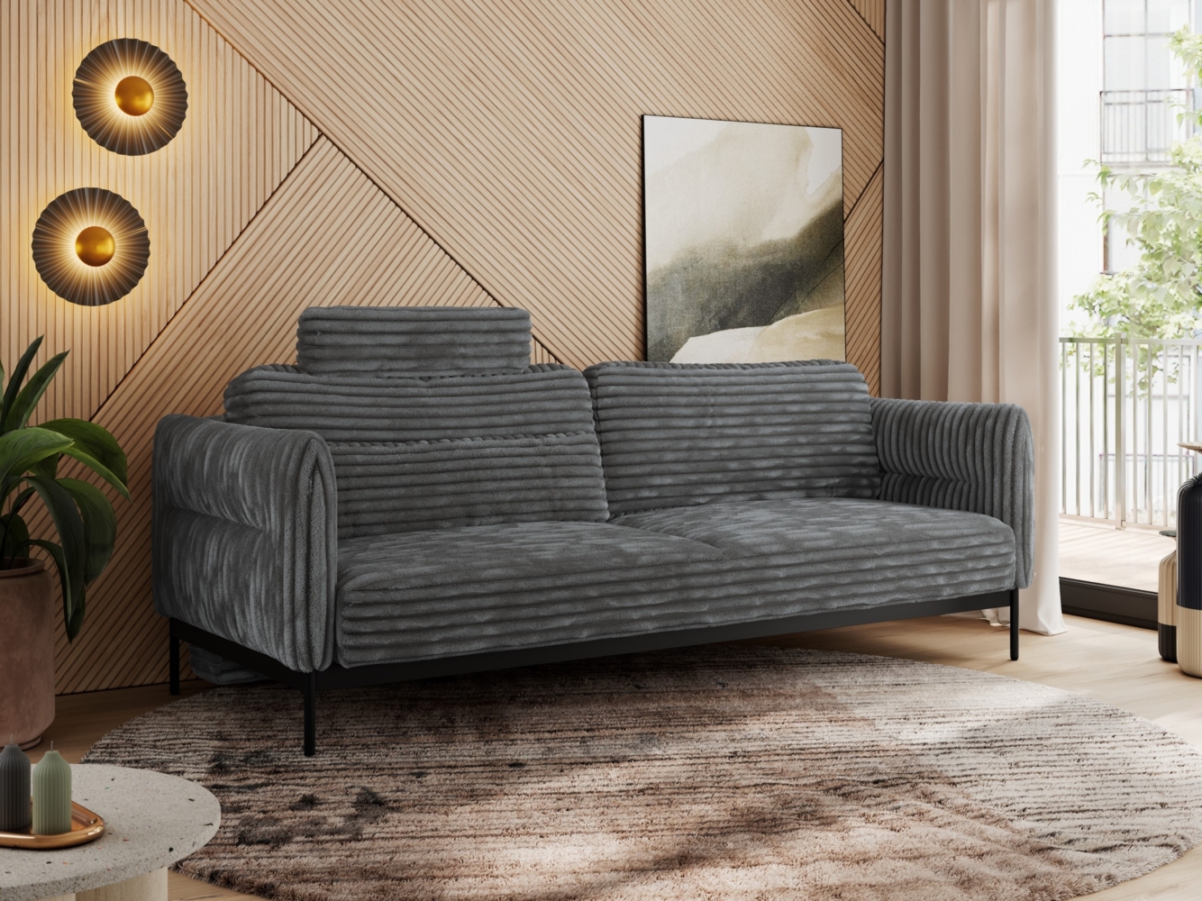 Sofa mit Schlaffunktion, schwarze Metallstruktur, mobile Kopfstütze, Schlafsofa mit losen Kissen - SALENTO - Dunkelgrau Cord Bild 1