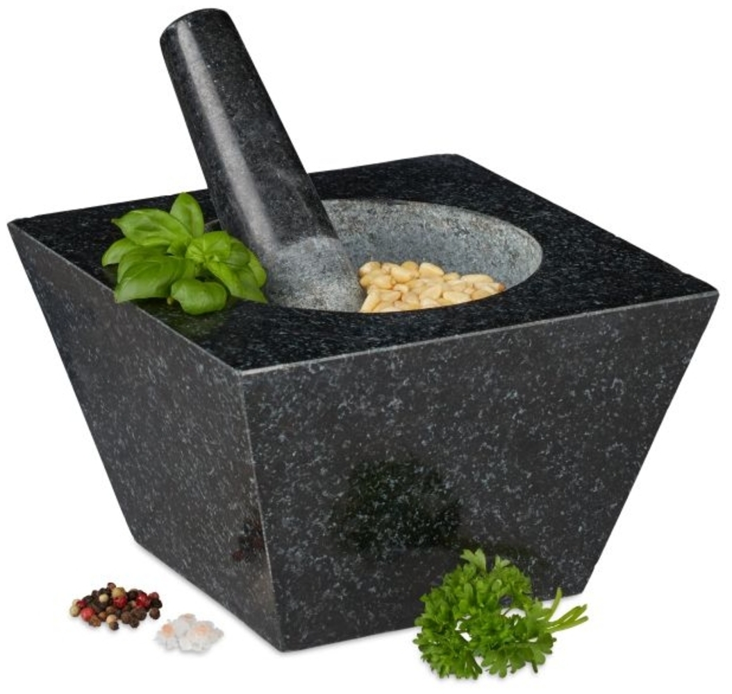 Eckiger Mörser mit Stößel aus Granit Bild 1