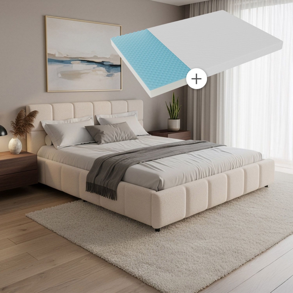 Juskys Polsterbett Florenz 180x200 cm mit Matratze – Bouclé, modernes Bett mit Kopf- & Fußteil, stabilem Holz- & Metallrahmen, Lattenrost, 500 kg Tragkraft – Creme Bild 1