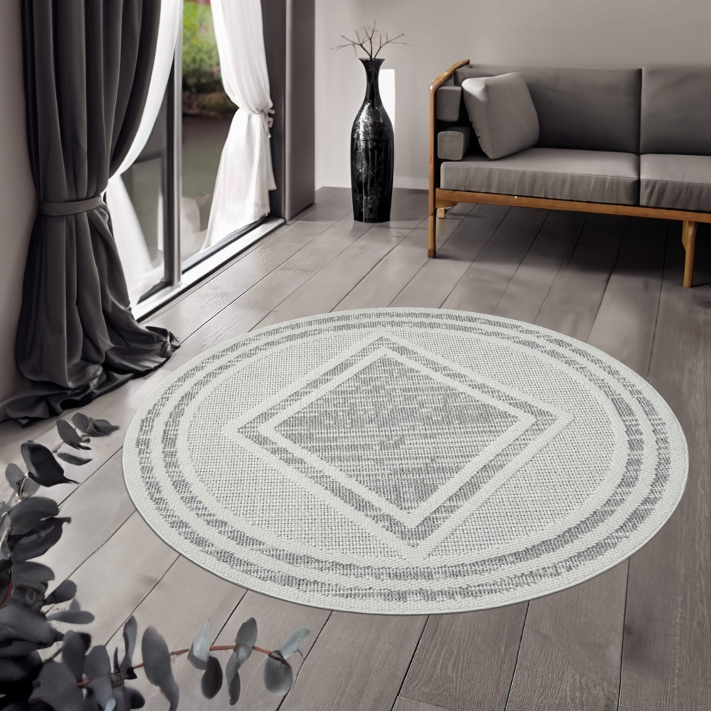 Teppich Rund - 200x200cm - Grau - Boho Style - Modern Raute Optik - Flachflor Wohnteppich Schlafzimmer Deko Bild 1