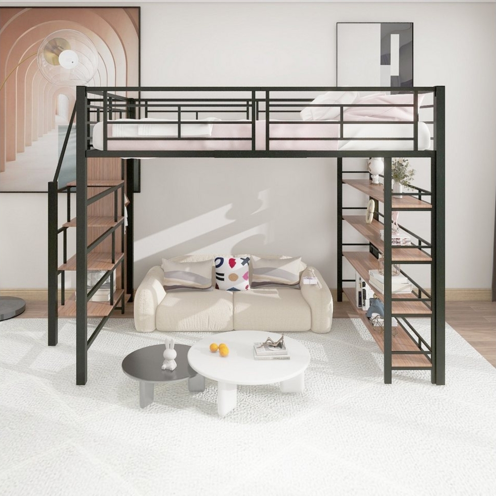 OKWISH Kinderbett Hochbett Metallbett Stauraumbett Gästebett (mit Sicherheitstreppe, Stauraum und kleinem Kleiderschrank, mit Einlegeböden, hohes Zaundesign, Einzelbett, Jugendbett), ohne Matratze Bild 1