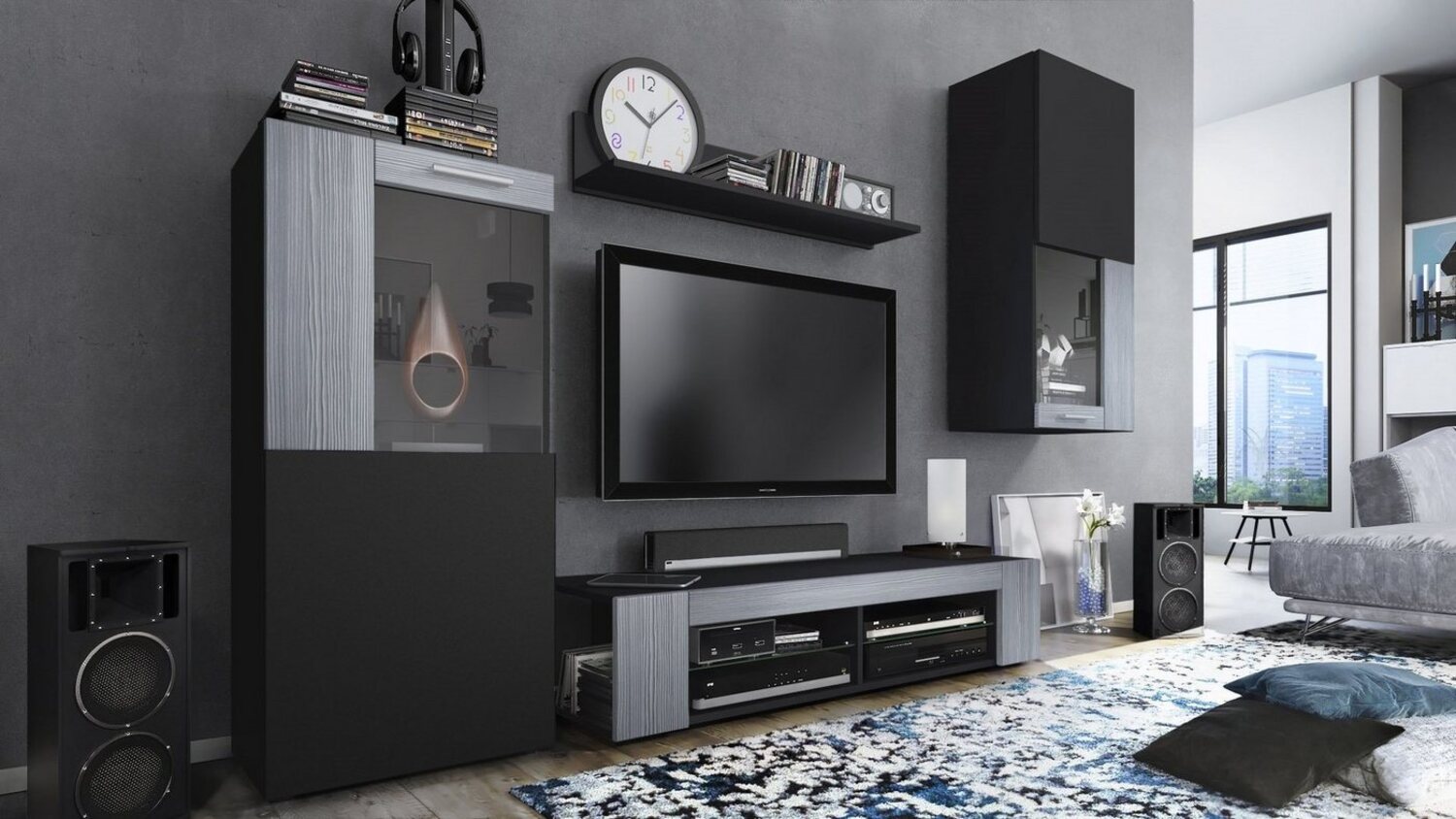 Vladon Wohnwand Movie, Anbauwand bestehend aus 1 TV-Board, 2 Vitrinen und 1 Regal, Schwarz matt/Schwarz matt/Avola-Anthrazit (Gesamt: 300 x 190 x 39 cm) Bild 1