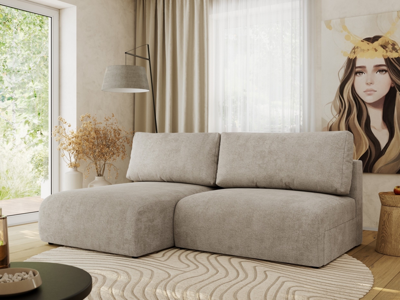 Ecksofa mit Schlaffunktion, lockere Kissen, Wohnzimmerecke mit L-förmigem und Bettkästen, Wellenfeder auf dem Sitz - VIVO - Beige Struktur - linke Seite Bild 1