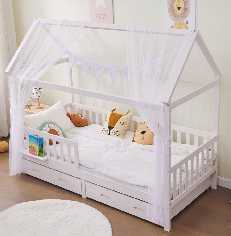 Alavya Home® Hausbett BUCHE CLOUD I KOMPLETT SET mit 2 Schubkästen (Kinderbett 80x160 cm mit Schublade inkl. Deko Weiß und Matratze), Aus massivem Buchenholz Bild 1