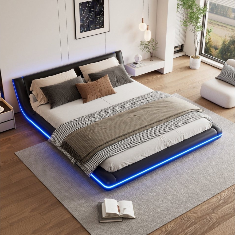 Furnishings Home Polsterbett Doppelbett Futonbett Bodenbett inkl. LED, Mit 24-Tasten-Fernbedienung, Lattenrost, Kunstleder, 160x200 cm Bild 1