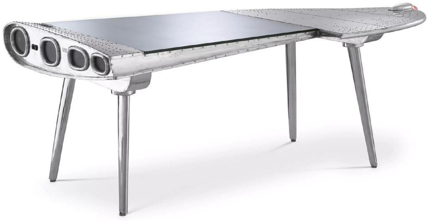 Casa Padrino Luxus Aluminium Flieger Schreibtisch Rechts Silber 214 x 110 x H. 80 cm - Flugzeug Design Bürotisch - Aluminium Möbel - Flugzeug Möbel - Büro Möbel - Luxus Möbel - Luxus Einrichtung Bild 1