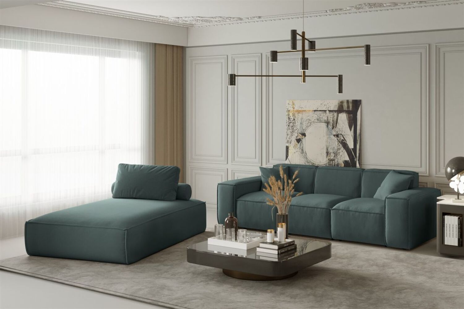 Sofa Set 2-teilig Sezlong und Sofa 3-Sitzer CELES in Stoff Opera Velvet Opalgrün Bild 1