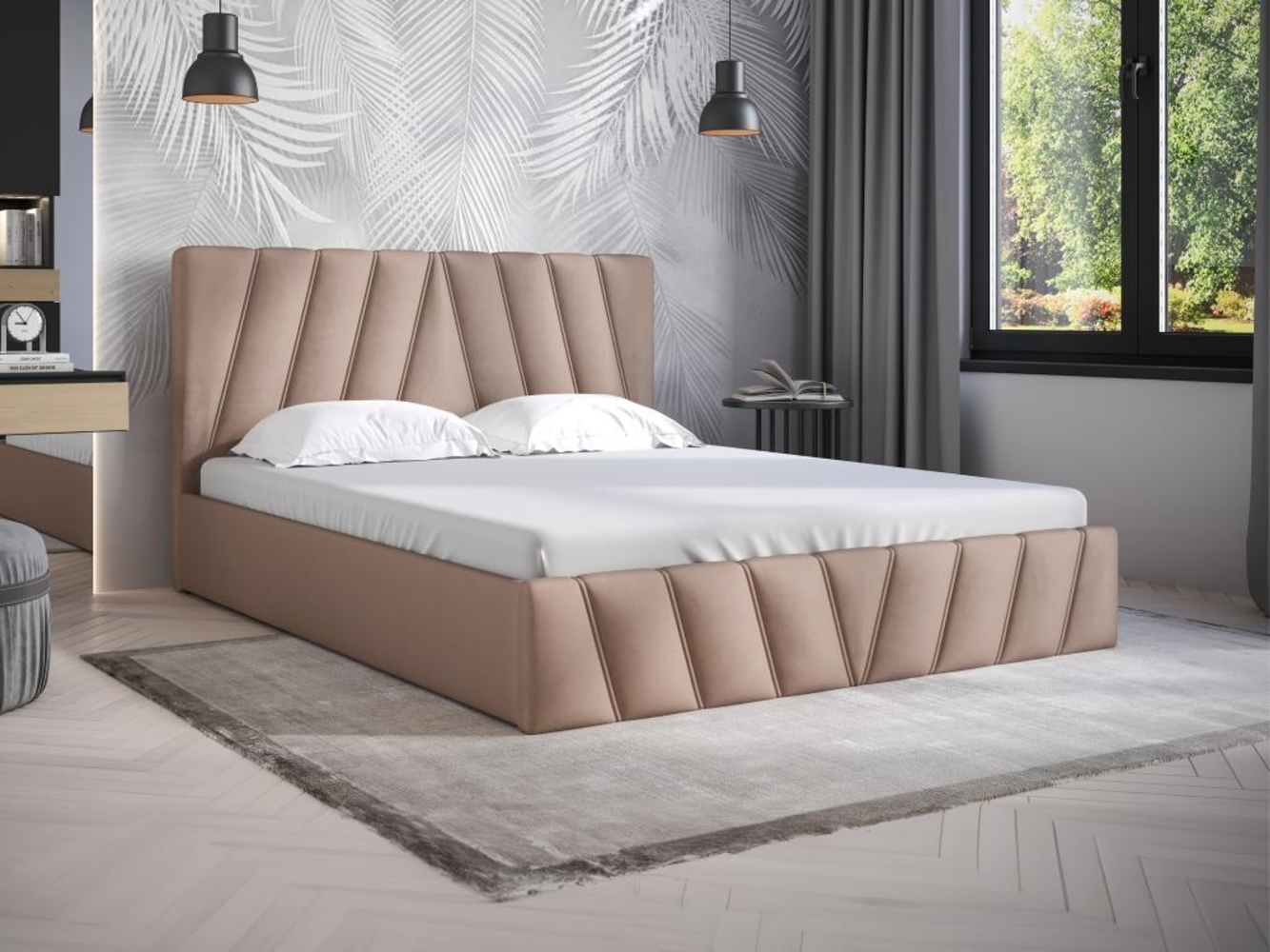 Vente-unique - Bett mit Bettkasten - 160 x 200 cm - Samt - Beige - LIDAMA von Pascal Morabito Bild 1