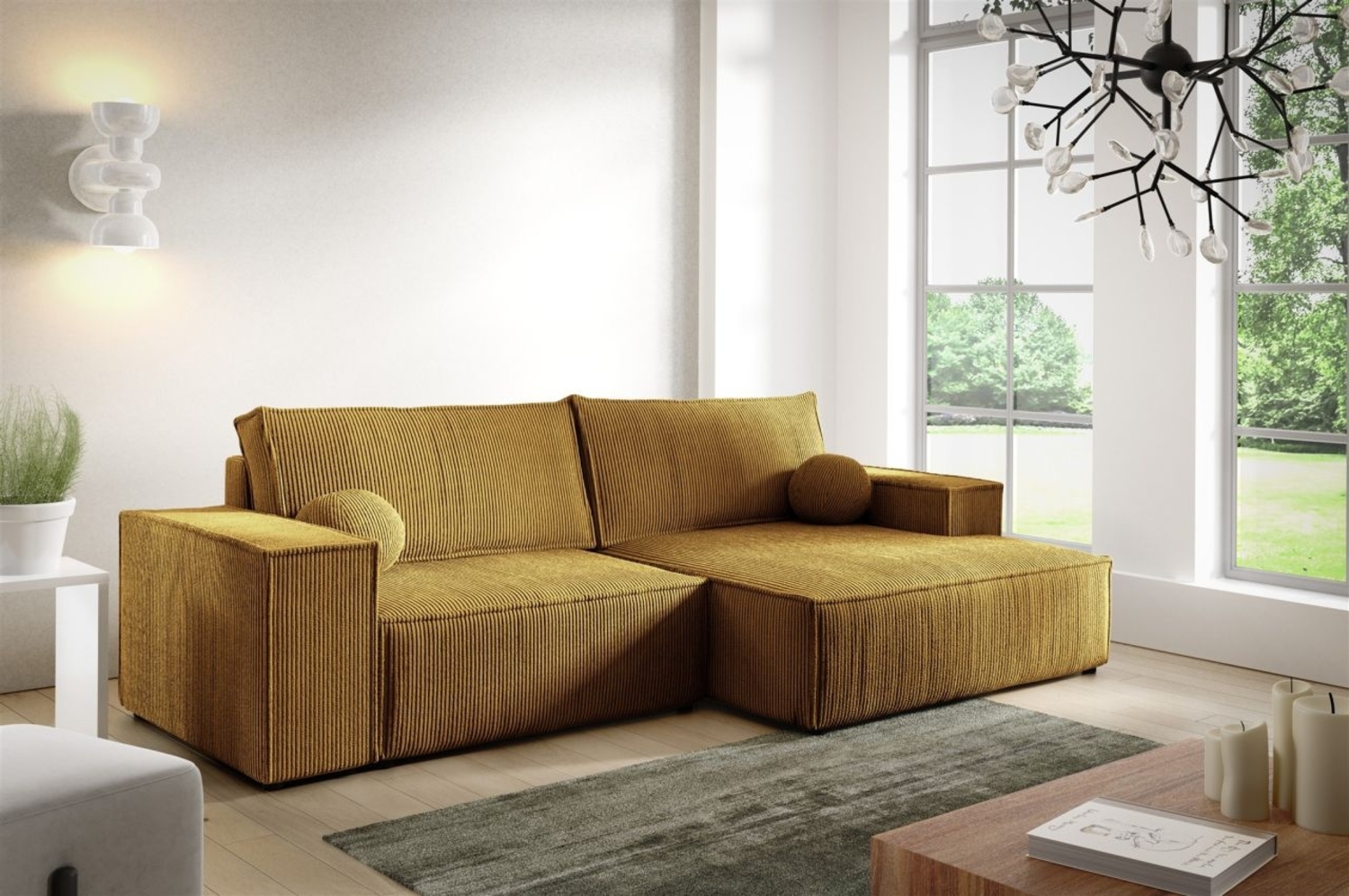 Ecksofa Schlafsofa CORUNIA XS Stoff Poso Honiggelb Ottomane Rechts Bild 1