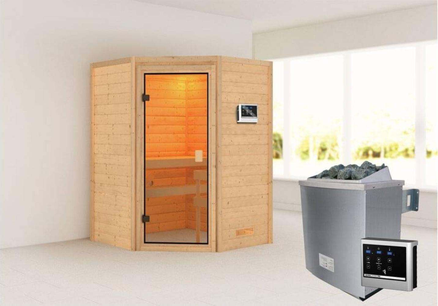 Karibu Ecksauna Antonia mit Dachkranz + 9kW Saunaofen mit ext. Steuerung Easy Bild 1