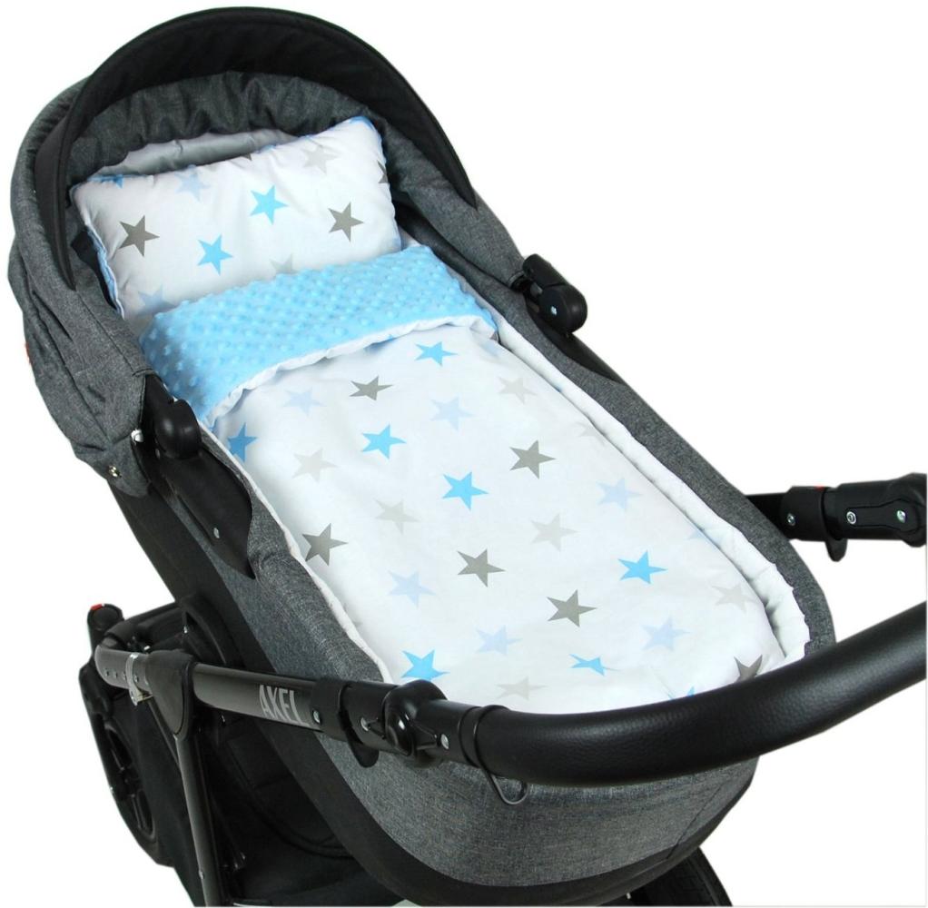 BABYLUX Babydecke MINKY PLÜSCH Kuscheldecke Decke 75x60 cm + KISSEN 2 Tlg Set (MP94 - Blau + Sterne Blau) Bild 1