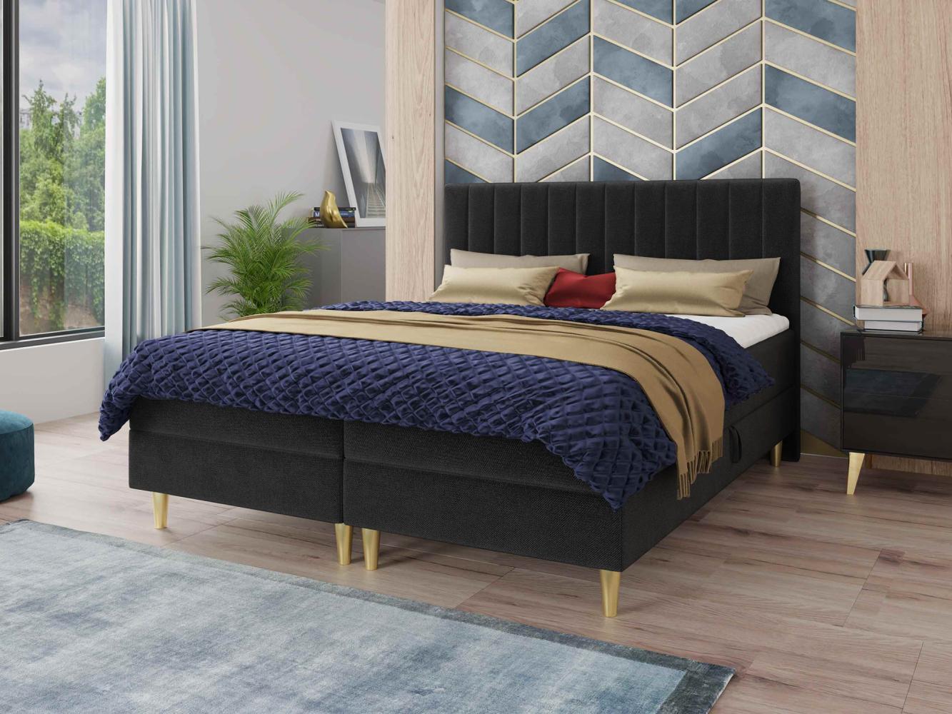 Boxspringbett Gold mit 2 Bettkästen und Topper - Doppelbett, Bonell-Matratze, Polsterbett, Bett mit Matratzentopper, Schlafzimmer, Velours Stoff (Schwarz (Manila 18), 180 x 200 cm) Bild 1