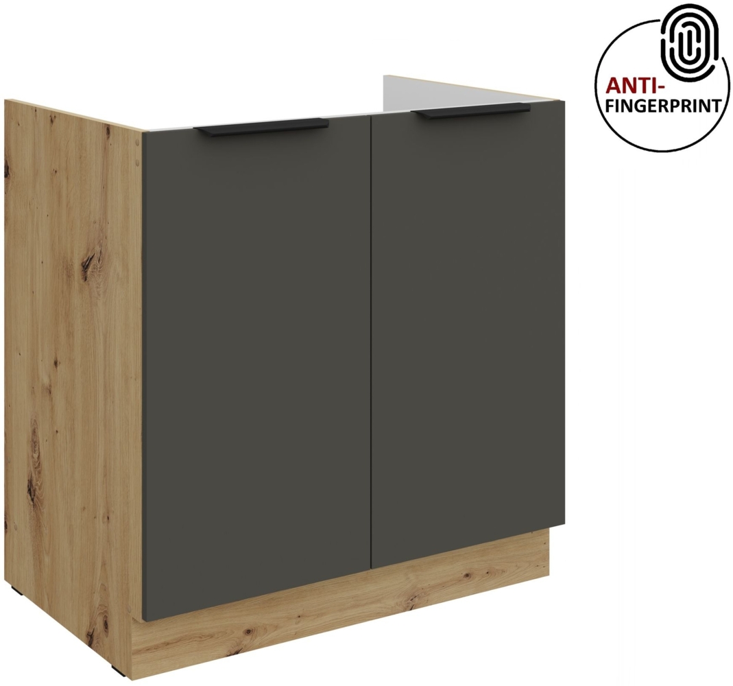 Küchen Spülenunterschrank 80 cm Küche ARIA Graphite ultra matt + Eiche Artisan matt, hochwertige Fronten mit Anti Fingerprint Beschichtung Küchenzeile Küchenblock Bild 1