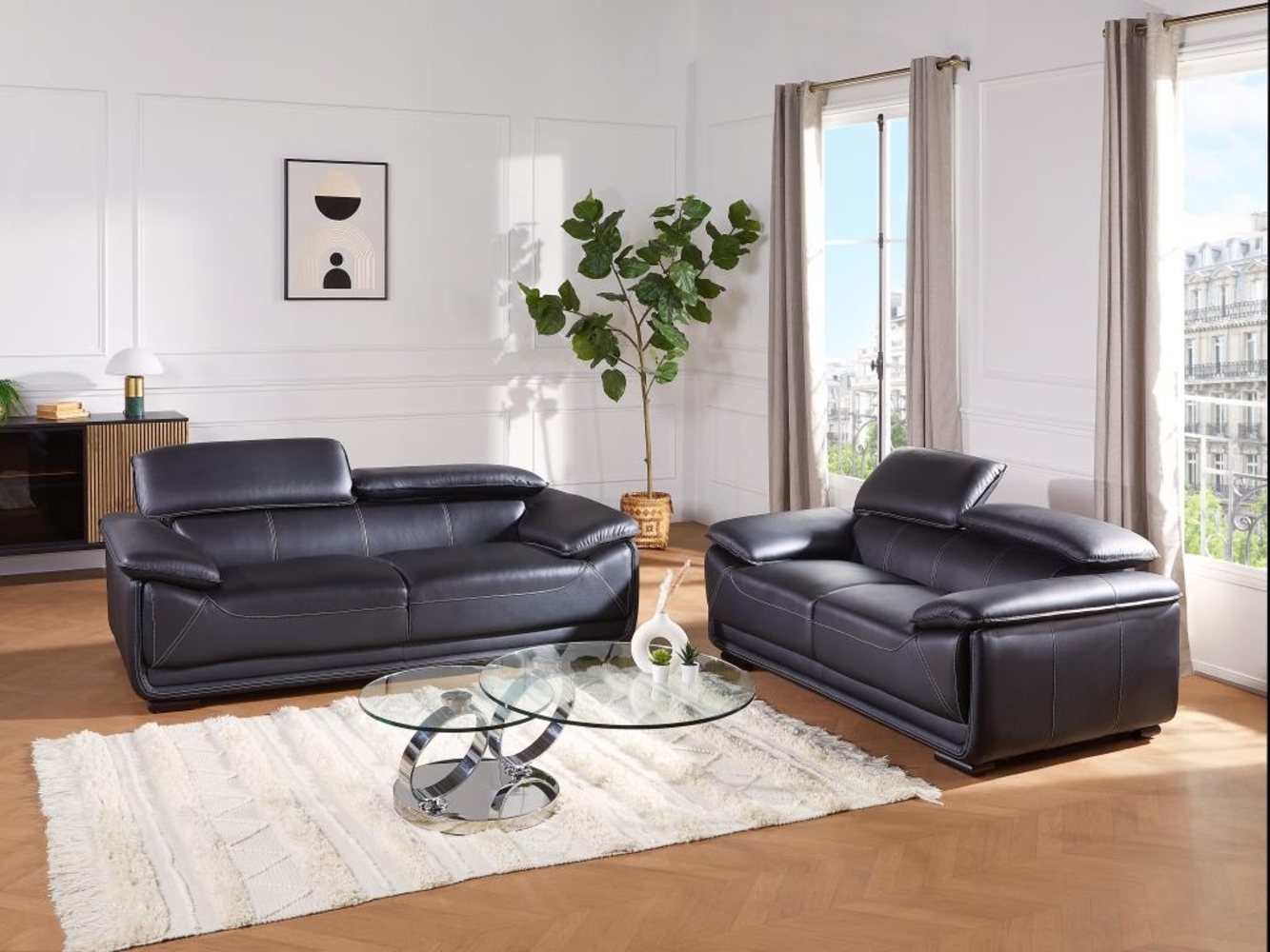 Vente-unique - Ledersofa 3-Sitzer - Schwarz - MACELO Bild 1