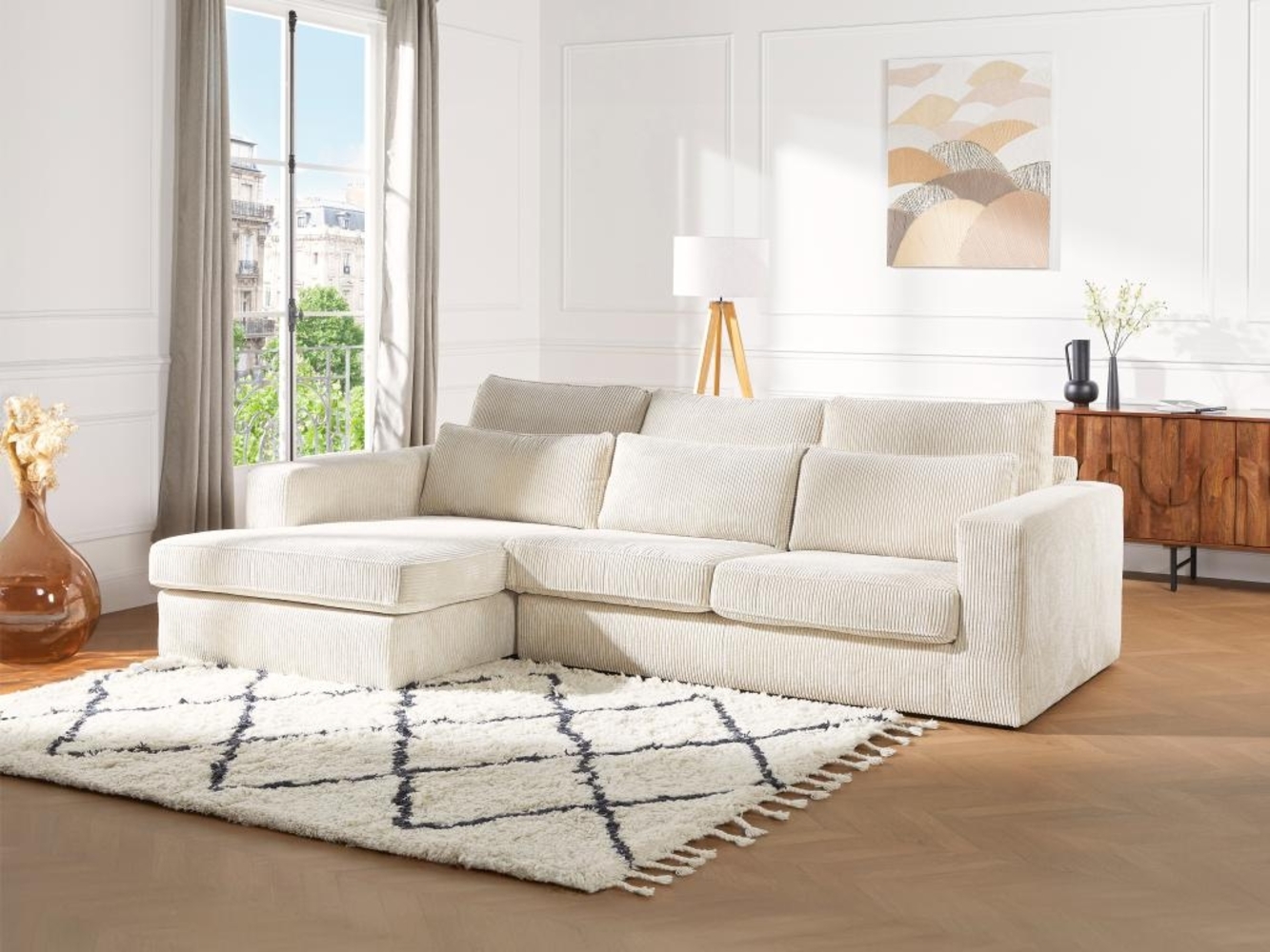 Vente-unique - Ecksofa - Ecke links - Cord - Beige - MONDOVI II Bild 1