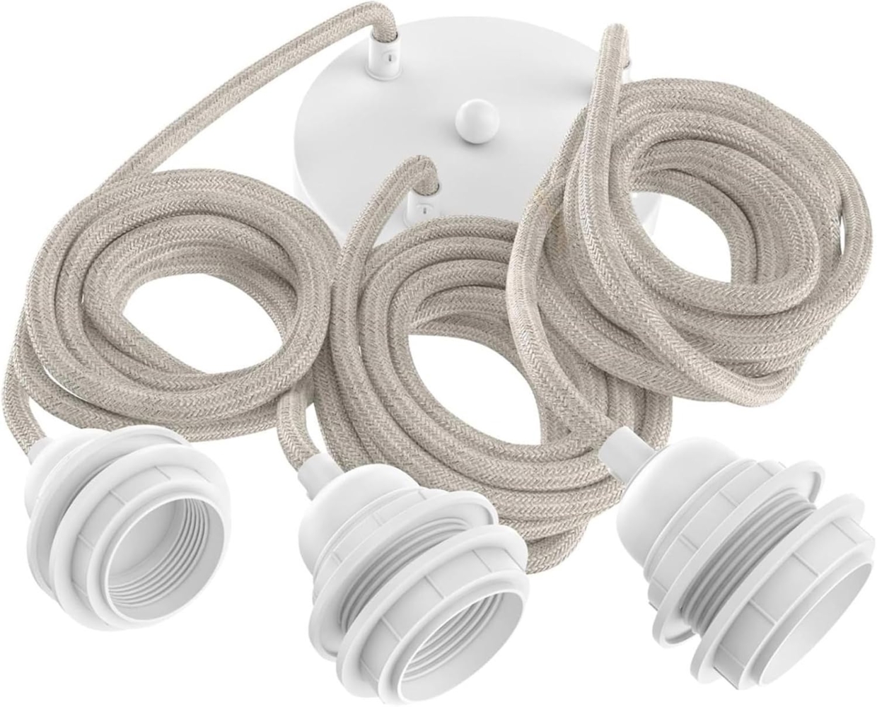HOOPZI - Pendelleuchte - Hang 3 Flammig - 2,5m Textilkabel Seil - 3 X E27 Fassung - Vintage Retro natur mit weißer Fassung Bild 1
