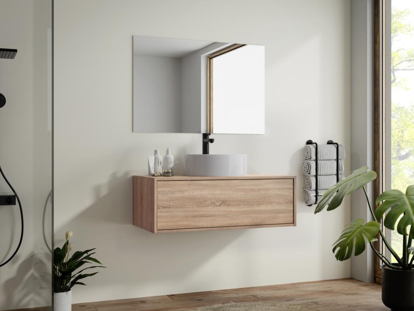 Vente-unique - Waschbeckenunterschrank hängend mit rundem Einzelwaschbecken - Holzfarben hell - 94 cm - TEANA II Bild 1