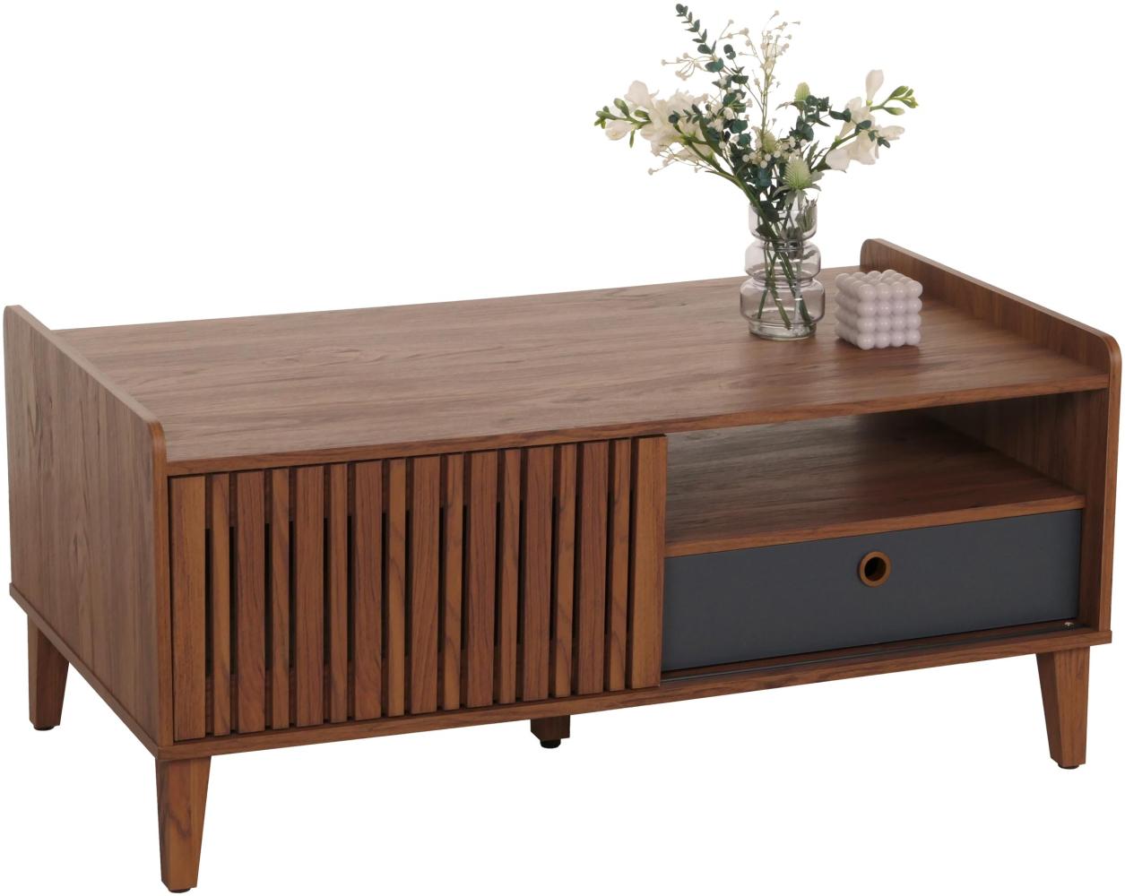 Couchtisch HWC-M48, Wohnzimmertisch Tisch Sofatisch, Mango-Massivholz 52x114x59cm ~ Walnuss-Optik, Schublade dunkelgrau Bild 1