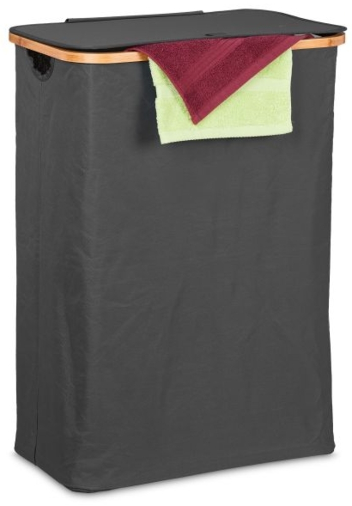 relaxdays Wäschekorb mit Deckel, Bambus / Polyester schwarz, 54 x 34 x 75 cm, 105 l Bild 1