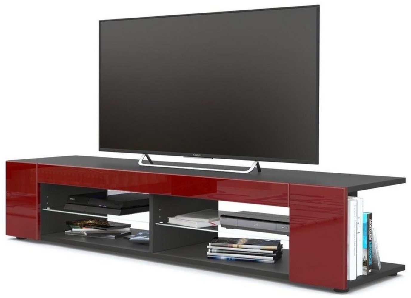 Vladon Lowboard Movie, TV-Kommode mit 4 offenen Fächern und Zierleisten, Schwarz matt/Bordeaux Hochglanz (134 x 29 x 39 cm) Bild 1