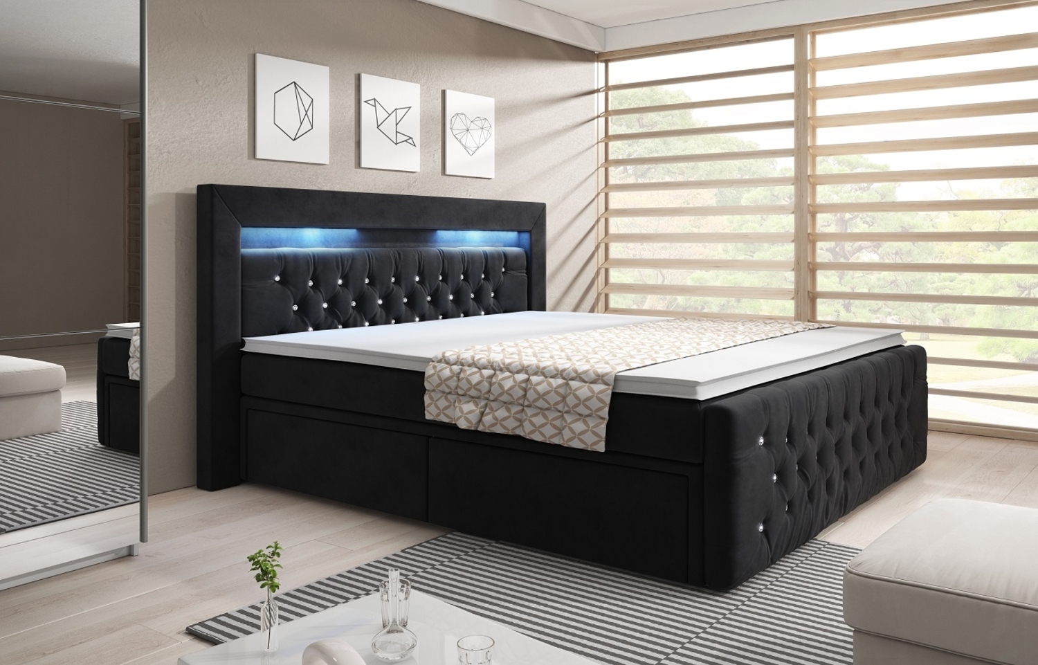 Ascona Boxspringbett mit LED-Beleuchtung, Bunt-LED, 180x200 cm, Matratze H3, Schwarz mit Kristallen Bild 1