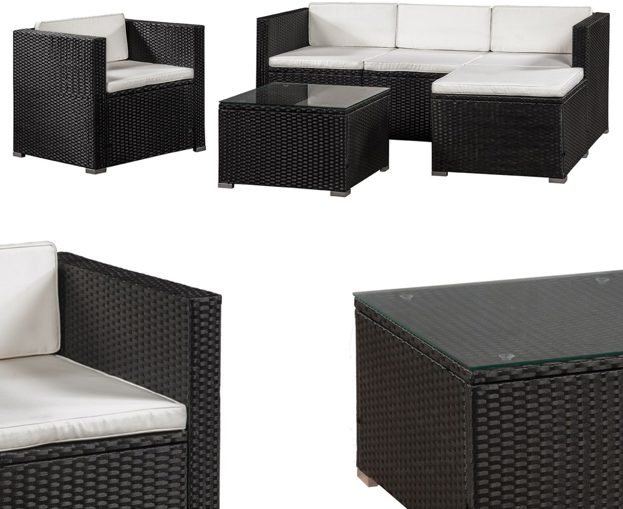 Juskys Polyrattan Lounge Punta Cana L schwarz – Gartenlounge Set für 4-5 Personen – Sitzgruppe mit Sessel, Sofa, Tisch & Hocker - Sitzbezüge Creme Bild 1