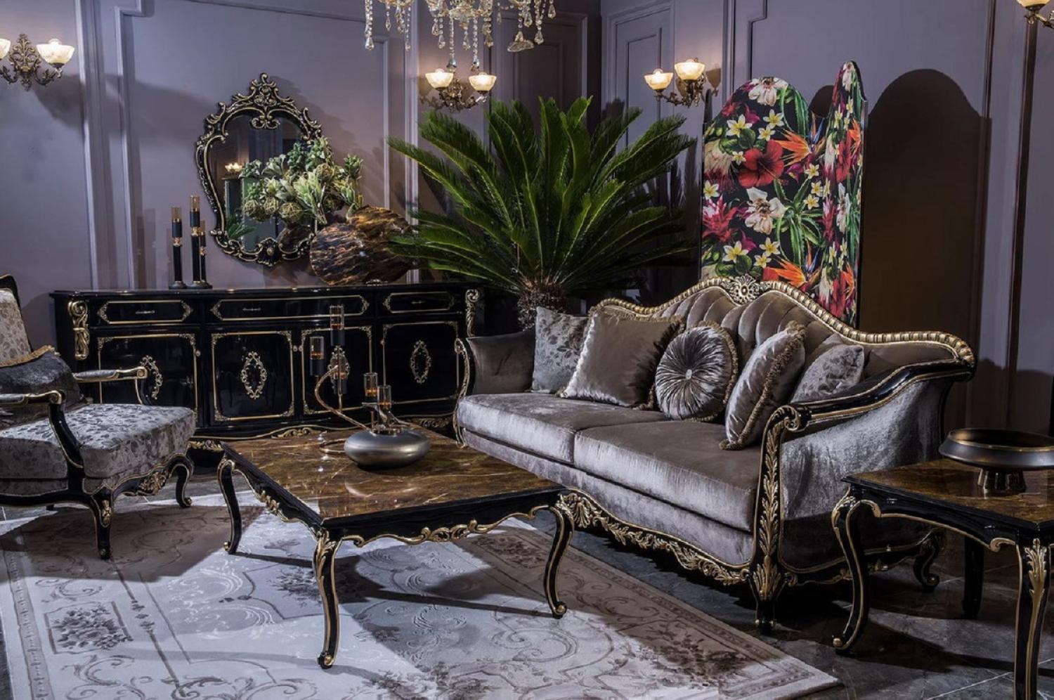 Casa Padrino Luxus Barock Wohnzimmer Set Silber / Schwarz / Gold - 2 Barock Sofas & 2 Barock Sessel & 1 Barock Couchtisch - Wohnzimmer Möbel im Barockstil - Barock Möbel - Barock Einrichtung Bild 1