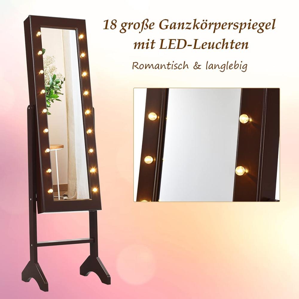 COSTWAY 18 LED-Schmuckschrank neigungsverstellbar, Schmuckregal mit Ganzkoerperspiegel und kleinem Schminkspiegel, Schmuck Spiegelschrank für Makeup Braun Bild 1