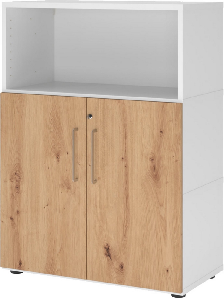 bümö flexi Aktenschrank abschließbar mit Flügeltüren & 1 Regalfach in Weiß/Asteiche, Büroschrank mit werkzeuglosem Schnellmontage-Klicksysten in modularer Bauweise, FW38T2KG-W-R-BS Bild 1