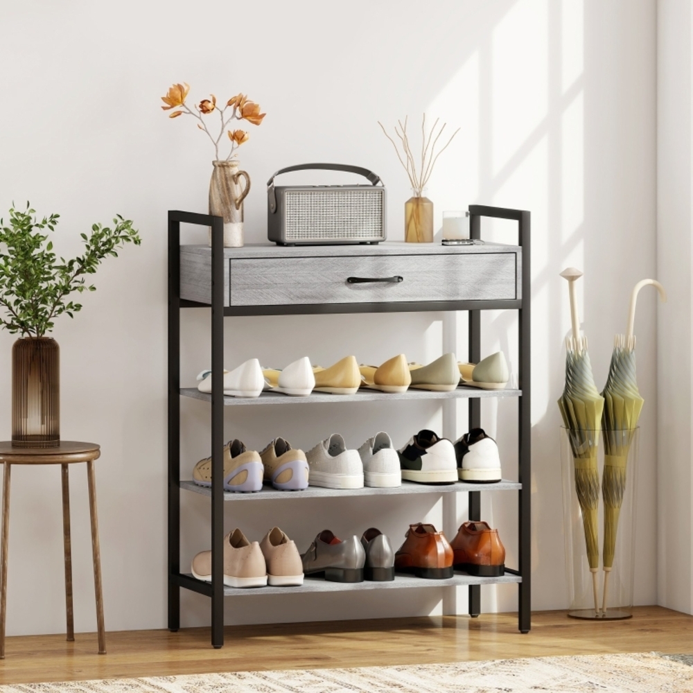 Schuhregal Mit 3 Ablagen & Schublade - Schuhständer Industriestil Mit Metallrahmen Und Kippschutz Bild 1