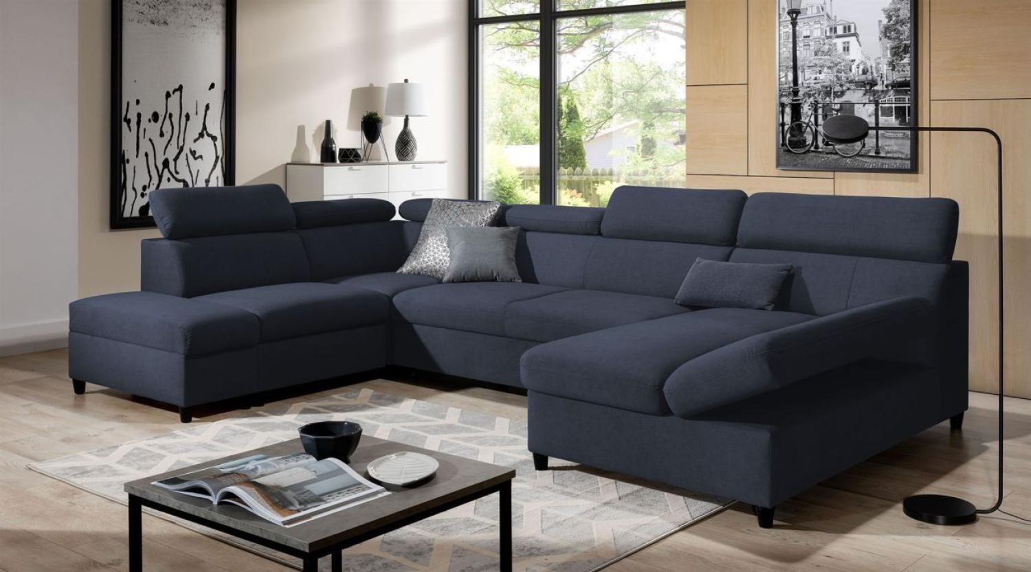 Wohnlandschaft Schlafsofa Sofa ANTON in Stoff Esito Dunkelblau Ottomane Rechts Bild 1