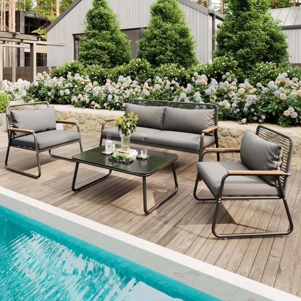 Merax Garten-Lounge-Set, Sofa-Tisch-Set für 4 Personen mit Gestell aus verzinktem Eisen, Tischplatte aus gehärtetem Glas, verstellbare Beine, inklusive aller Sitz- und Rückenkissen, grau Bild 1